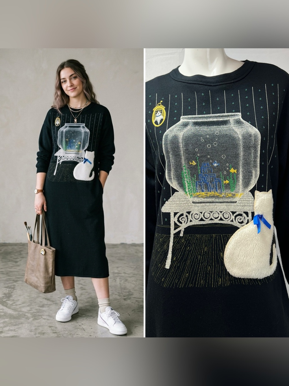 Vintage USA Women’s M Black Cat Fish Art Midi Long Sweatshirt Dress 90s Y2K